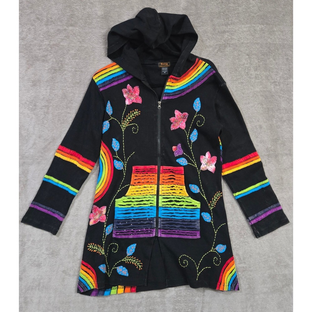 Rising International Rainbow Hoodie Patchwork Medium Boho Hippie Festival Art